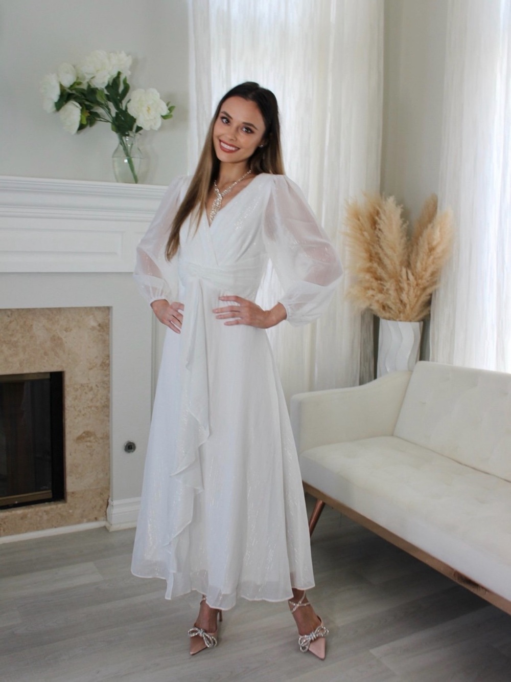 Ever Pretty White V-Neck Twist-Knot Midi Dress
